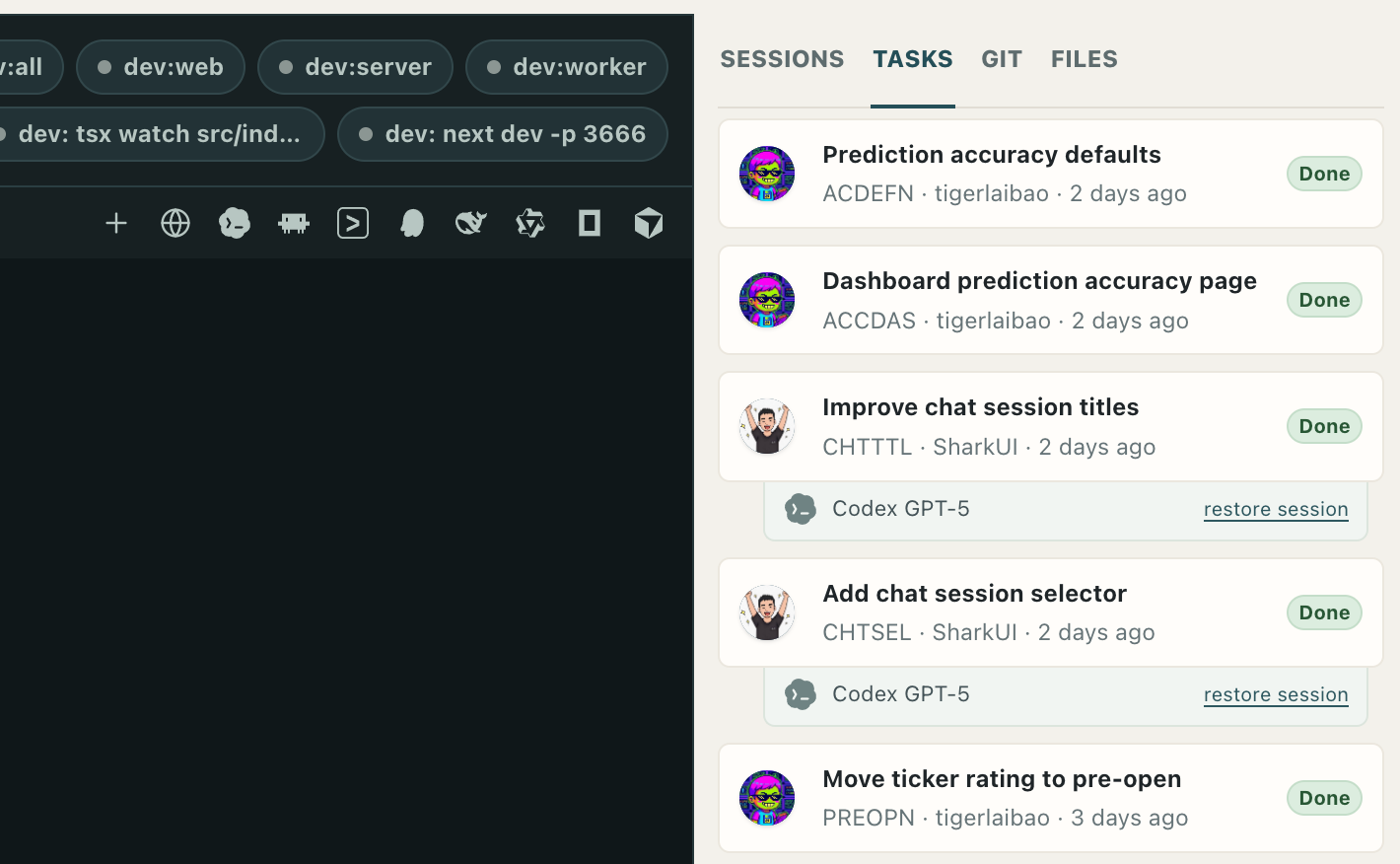 SharkBay Tasks view showing team task context and restored sessions